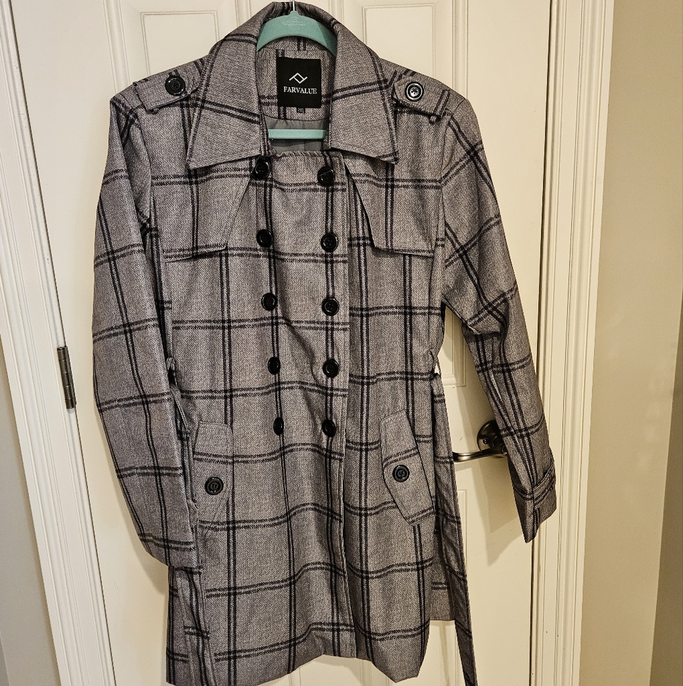 Gray Plaid Women's Trench Coat